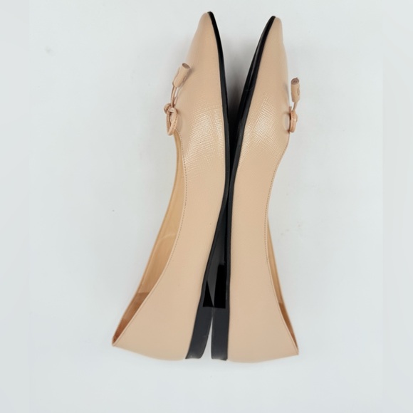 Prada Beige/ Nude Saffiano Leather Logo bowtie embellished Ballet flats EU 37.5